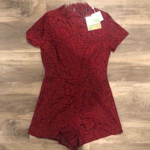 Red floral lace romper